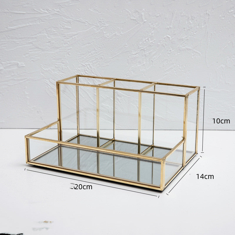 Organisateur de Maquillage en Verre avec Détails Dorés – Élégance et Praticité